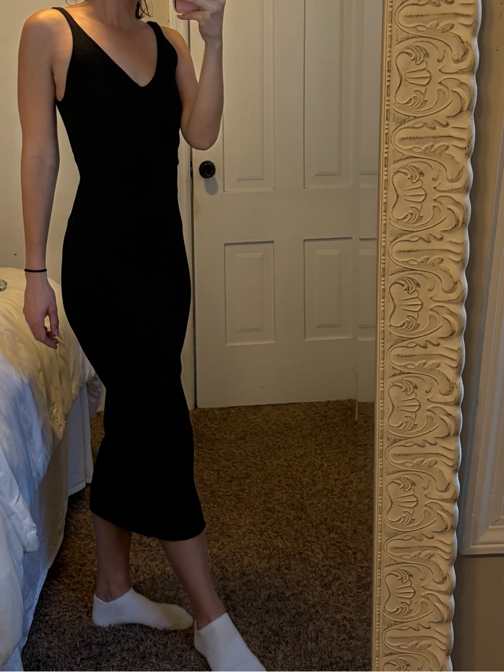 H&M Black V-Neck Ribbed Midi Dress